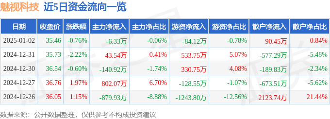 股票行情快报：魅视科技（001229）1月2日主力资金净卖出633万元(图1)